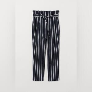 H&M Navy and White Striped Front Bow Paper Bag Trousers Straight Leg High Waist